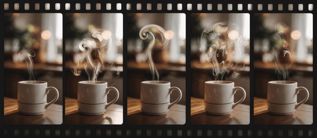 Filmstreifenartige Bildsequenz mit weißer Kaffeetasse auf Holztisch im warmen Tageslicht, aufsteigender Dampf in verschiedenen Formen – ästhetische Darstellung für Tageslicht Fotografie in der Küche.