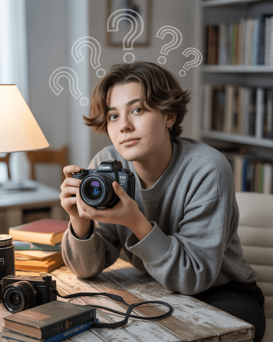 Ein neugieriger Fotoanfänger sitzt mit einer Kamera am Schreibtisch – Symbolbild für häufige Fragen zur Kamerawahl und Fotografie