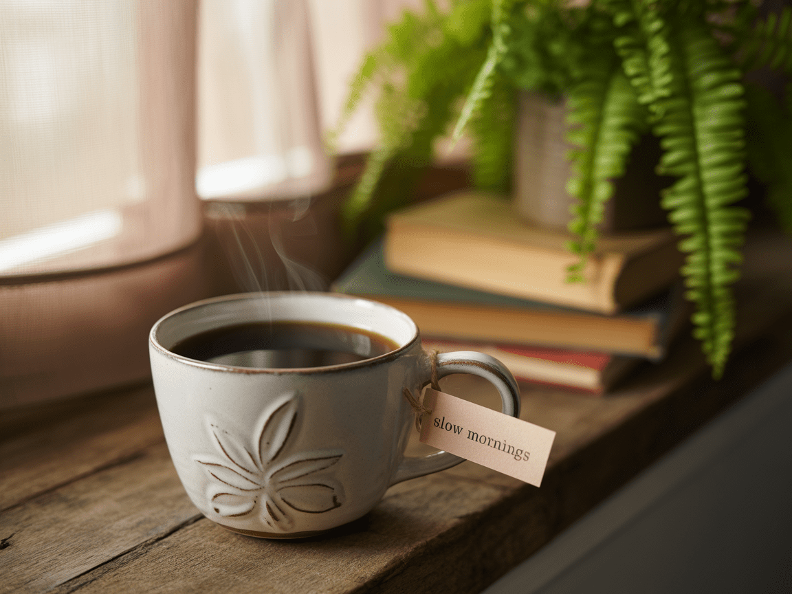 Beispiel für Tiefenschärfe beim Fotografieren lernen: Kaffeetasse auf Fensterbank mit unscharfem Hintergrund