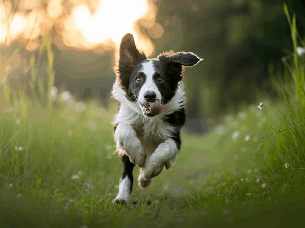 Laufender Hund mit fliegenden Ohren – dynamische Tierfotografie im Park bei Sonnenuntergang