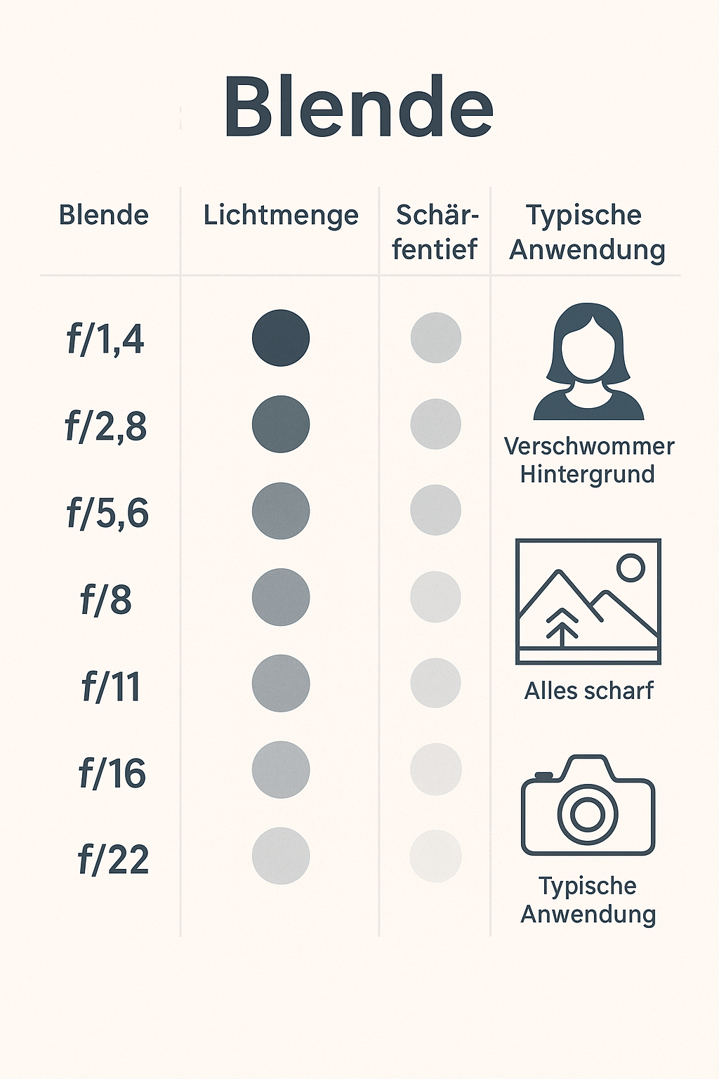 Infografik mit verschiedenen Blendenwerten und deren Bildwirkung auf die Schärfentiefe