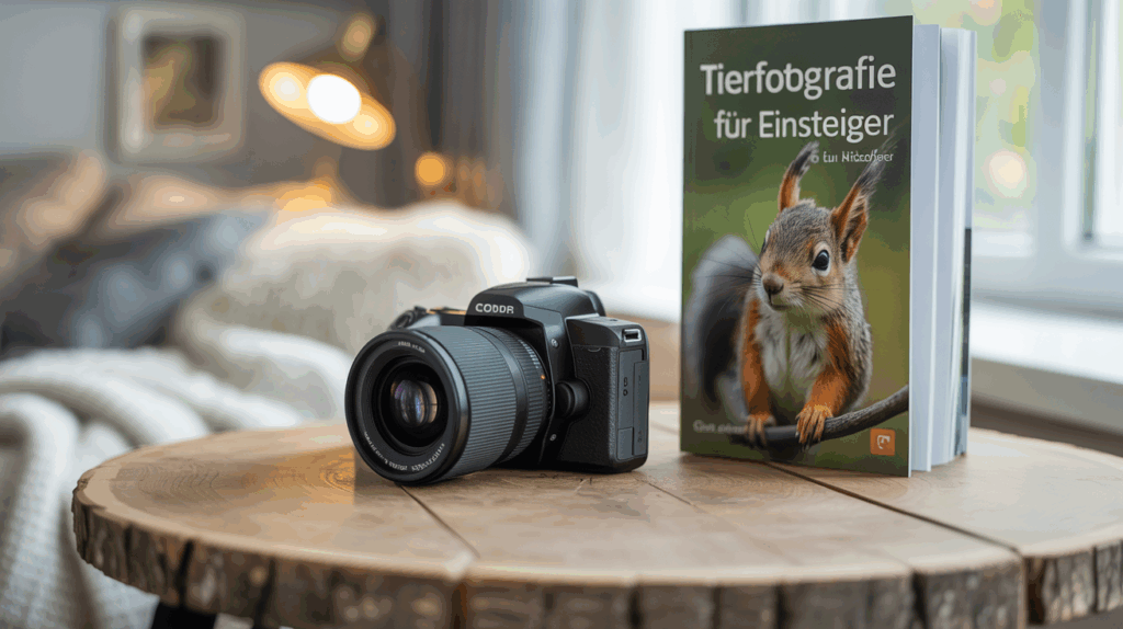 Flach gelegte Kameraausrüstung für Einsteiger in die Tierfotografie – DSLR, Zoomobjektiv und Anfänger-Guide