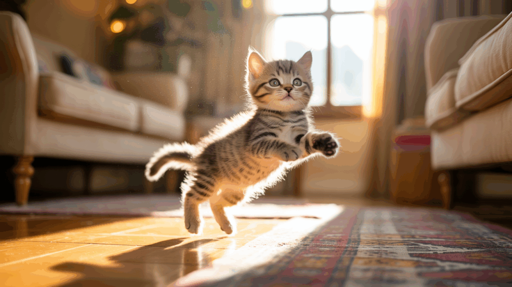 Springende Katze im Sonnenlicht – Tierfotografie im perfekten Moment bei natürlichem Licht