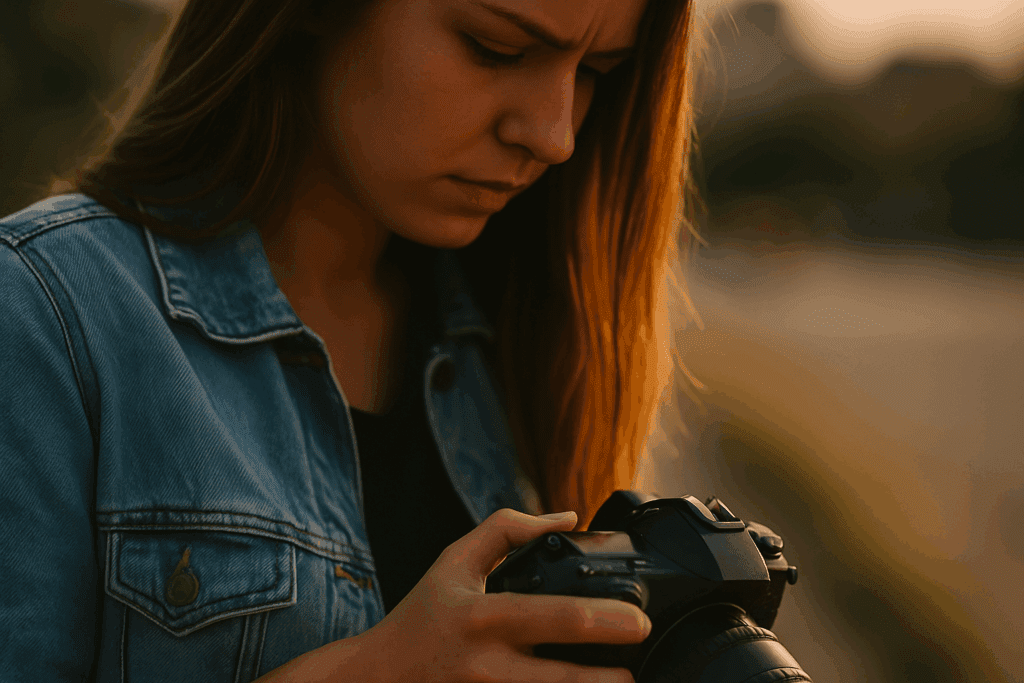 Anfängerfehler beim Fotografieren -
Junge Frau prüft konzentriert ihre Kameraeinstellungen im Abendlicht – Titelbild für den Artikel „7 Anfängerfehler beim Fotografieren“