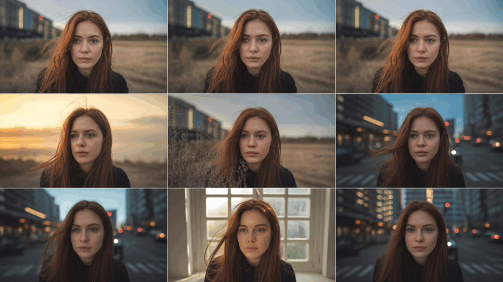 Arten von Licht in der Fotografie: direktes/diffuses Sonnenlicht, goldene und blaue Stunde, Fensterlicht, Blitz/LED als 6-Panel-Collage.