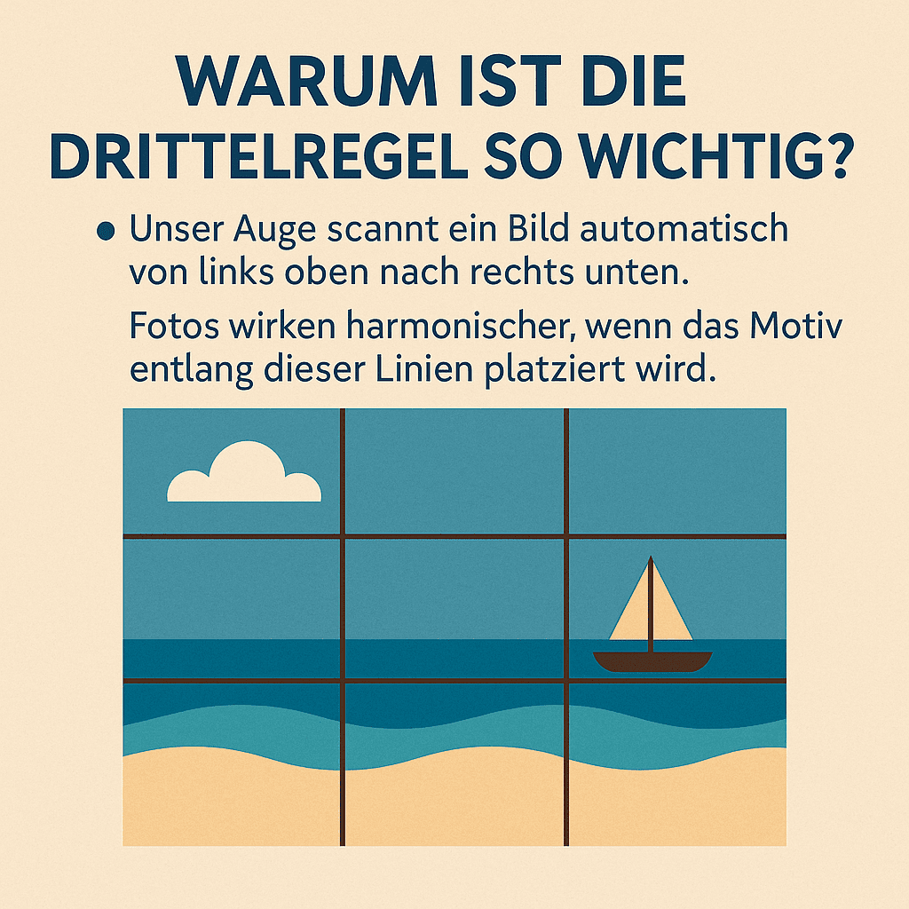 Deutsche Infografik erklärt die Drittelregel in der Fotografie mit einem Beispielbild, auf dem ein Segelboot entlang der Drittellinien platziert ist
