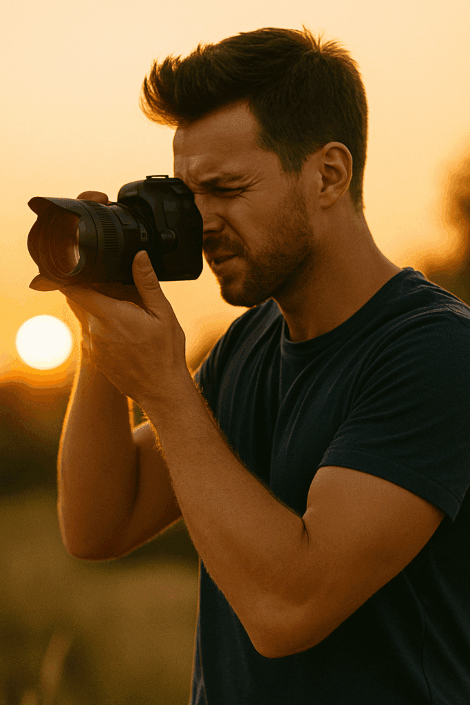 Ein junger Mann fotografiert im Schatten mit schlechter Lichtausrichtung – Beispielbild für den Anfängerfehler, Licht falsch einzuschätzen.