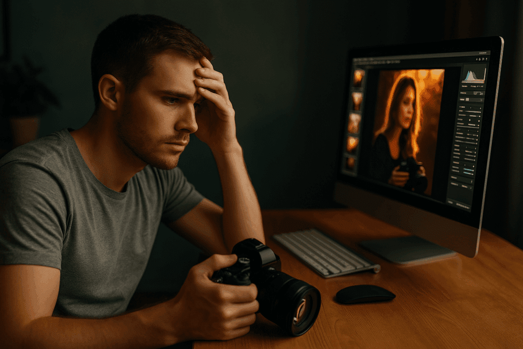 Ein junger Mann sitzt am Laptop und bearbeitet ein Foto – Symbolbild für übertriebene oder fehlende Bildbearbeitung beim Fotografieren