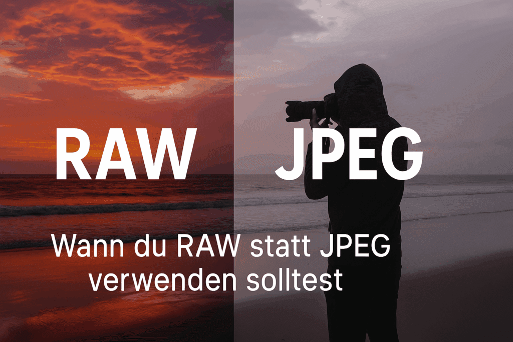 Vergleichsbild eines Sonnenuntergangs mit RAW- und JPEG-Effekt, links kräftige Farben, rechts blass – mit Text: „Wann du RAW statt JPEG verwenden solltest“