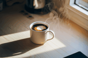 Tageslicht Fotografie in der Küche: Tasse dampfender Kaffee vor dem Fenster in der Küche