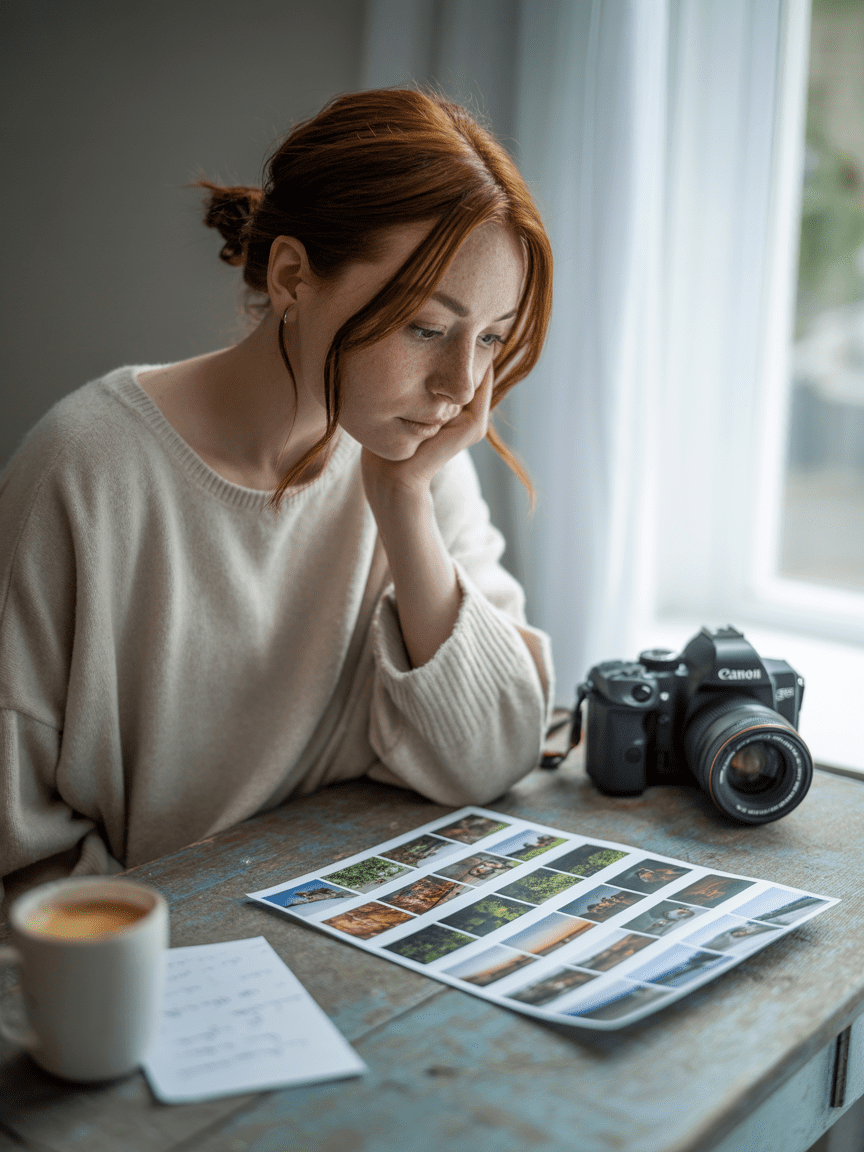 Ein Anfänger sitzt am Tisch und betrachtet ausgedruckte Fotos und Notizen – ruhige Szene als Symbolbild für häufige Fragen zur Fotografie-Challenge