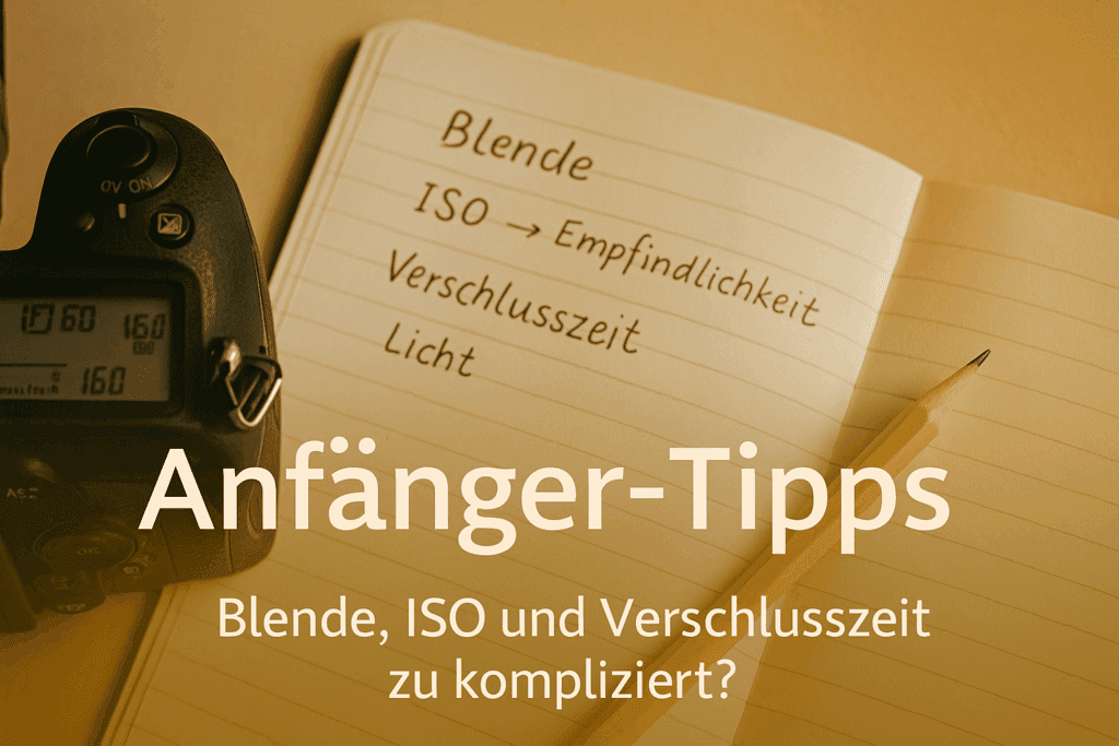 DSLR-Kamera mit geöffnetem Notizbuch zu Blende, ISO und Verschlusszeit – Teaserbild für Anfänger-Tipps zum Fotografieren lernen