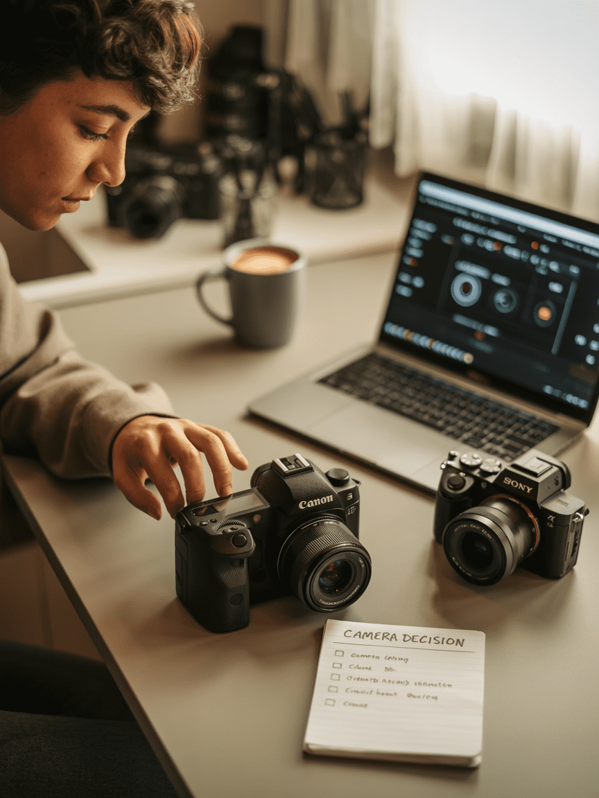 Ein junger Mensch vergleicht eine DSLR und eine spiegellose Kamera am Schreibtisch – mit Laptop, Notizblock und Kaffee – Entscheidungshilfe bei Kamera für Anfänger