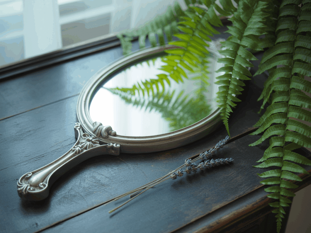 Ein Spiegel auf einem Tisch reflektiert eine Pflanze im weichen Licht – kreative Fotoübung für Anfänger