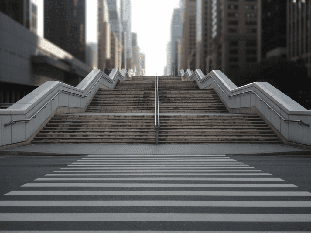 Stadtansicht mit Treppen, Zebrastreifen und Geländern – kreative Fotoidee für Anfänger, um Linien und Formen bewusst einzusetzen