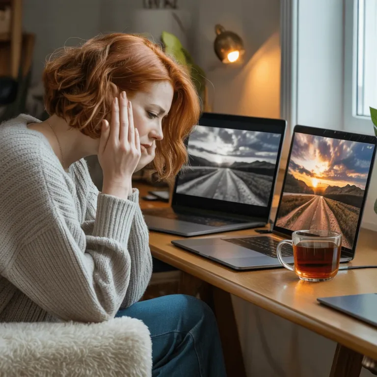 Frustrierte Anfängerin vor dem Bildschirm mit unbearbeitetem und bearbeitetem Foto im Vergleich
