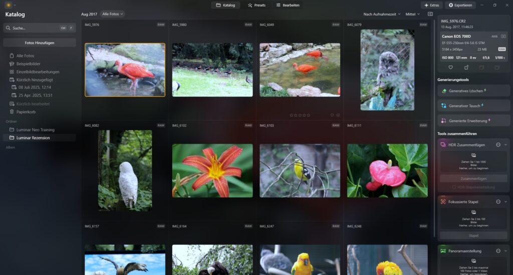Luminar Neo Benutzeroberfläche mit Eingefügten Bildern