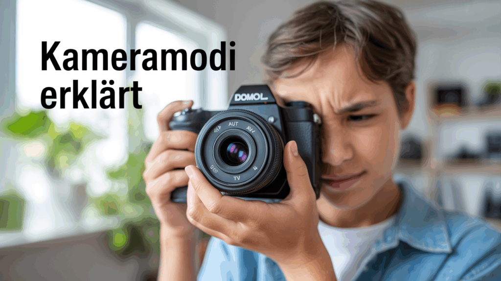 Anfänger hält Kamera und schaut ratlos auf das Modus-Wahlrad. Text: Kameramodi erklärt