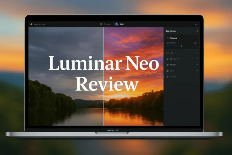 Split-Screen vor/nach Foto mit dramatischem Himmel auf Laptop-Display, geöffnet in Luminar Neo Software