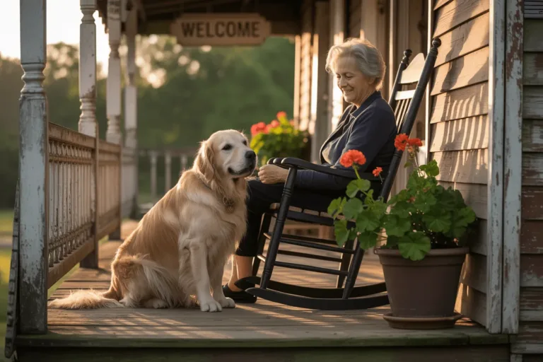 Seniorin mit altem Golden Retriever auf Veranda – emotionale Tierfotografie bei warmem Licht