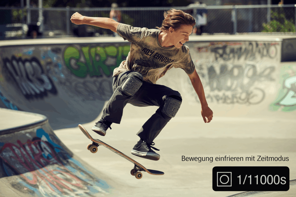 Skater in der Luft – Beispiel für eingefrorene Bewegung mit Zeitpriorität