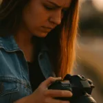 Anfängerfehler beim Fotografieren - Junge Frau prüft konzentriert ihre Kameraeinstellungen im Abendlicht – Titelbild für den Artikel „7 Anfängerfehler beim Fotografieren“