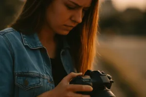Anfängerfehler beim Fotografieren - Junge Frau prüft konzentriert ihre Kameraeinstellungen im Abendlicht – Titelbild für den Artikel „7 Anfängerfehler beim Fotografieren“