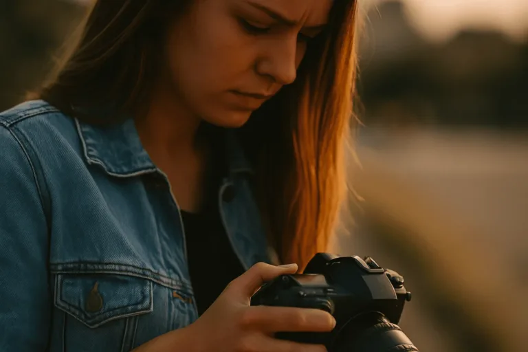 Anfängerfehler beim Fotografieren - Junge Frau prüft konzentriert ihre Kameraeinstellungen im Abendlicht – Titelbild für den Artikel „7 Anfängerfehler beim Fotografieren“