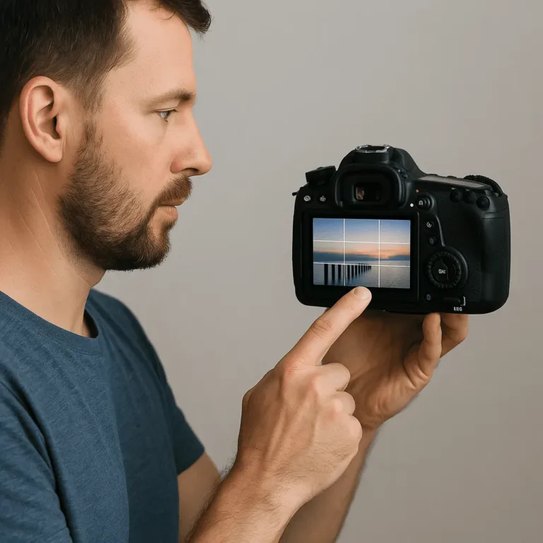Fotograf erklärt die Drittelregel anhand eines Kamerarasters auf dem Display