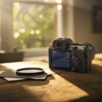 Kamera im warmen Fensterlicht mit sichtbarem Histogramm – Licht und Belichtung in der Fotografie einfach erklärt