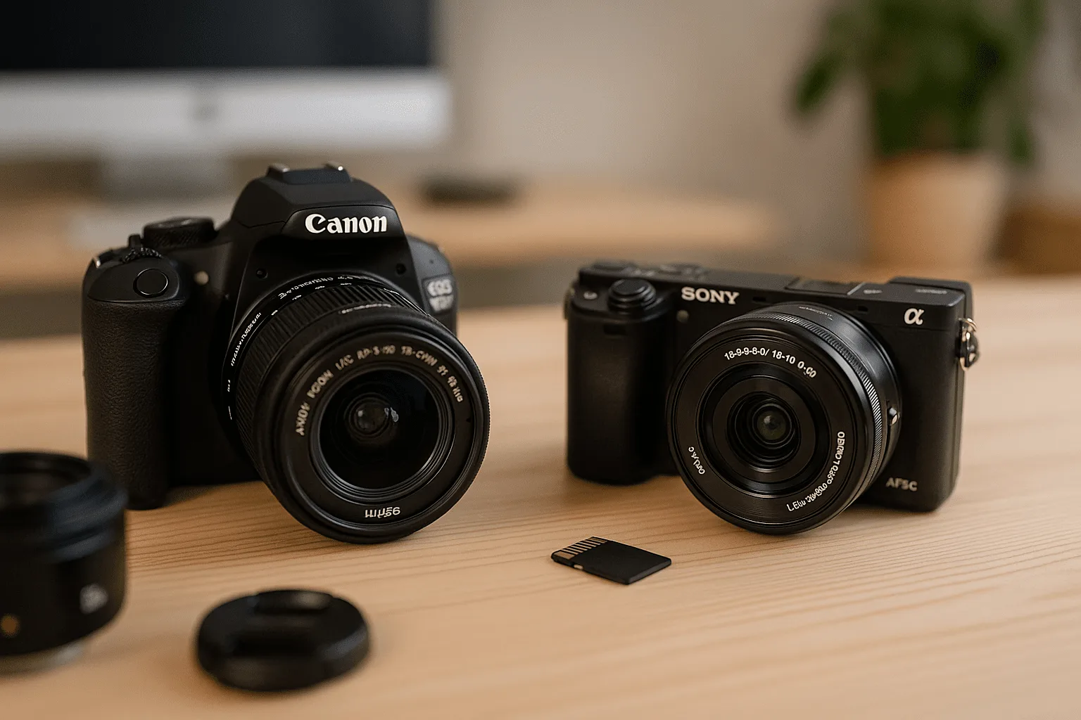 Beste Einsteigerkamera Titelbild – DSLR und Systemkamera auf Holztisch