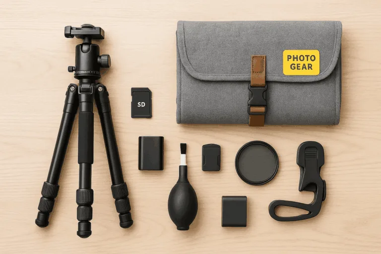 Fotozubehör: Reisestativ, Kameratasche, Filter, Speicherkarten und Reinigungsset auf einem Tisch angeordnet