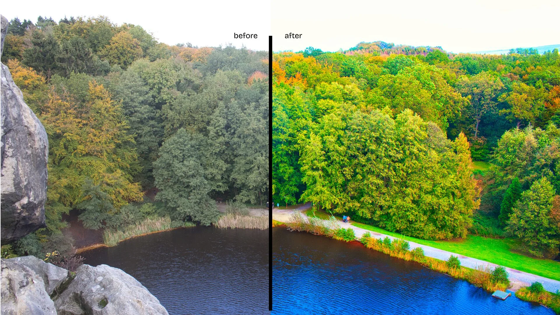 Vorher/Nachher: Herbstlandschaft – links flau, rechts warm & klar mit Preset