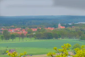 Luminar Neo Anfänger Workflow: Blick über grüne Felder auf ein Dorf mit rotem Kirchendach und Kirchturm unter grauem Himmel