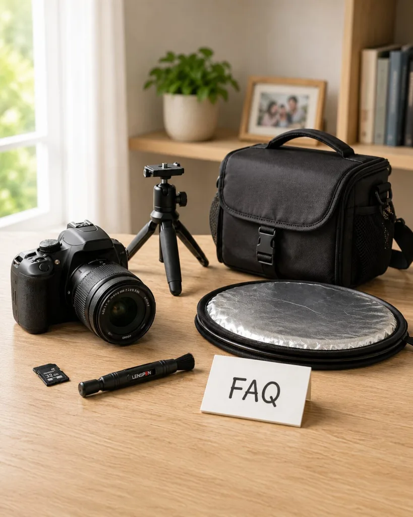 Fotoausrüstung für Anfänger mit Kamera, Speicherkarte, LensPen, Stativ, Reflektor und Kameratasche auf einem Holztisch
