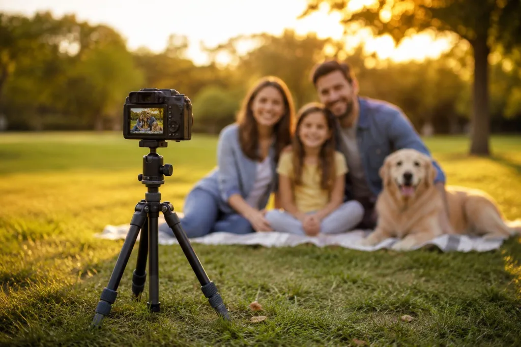 Familienfoto mit Kamera auf Stativ im Park bei Sonnenuntergang