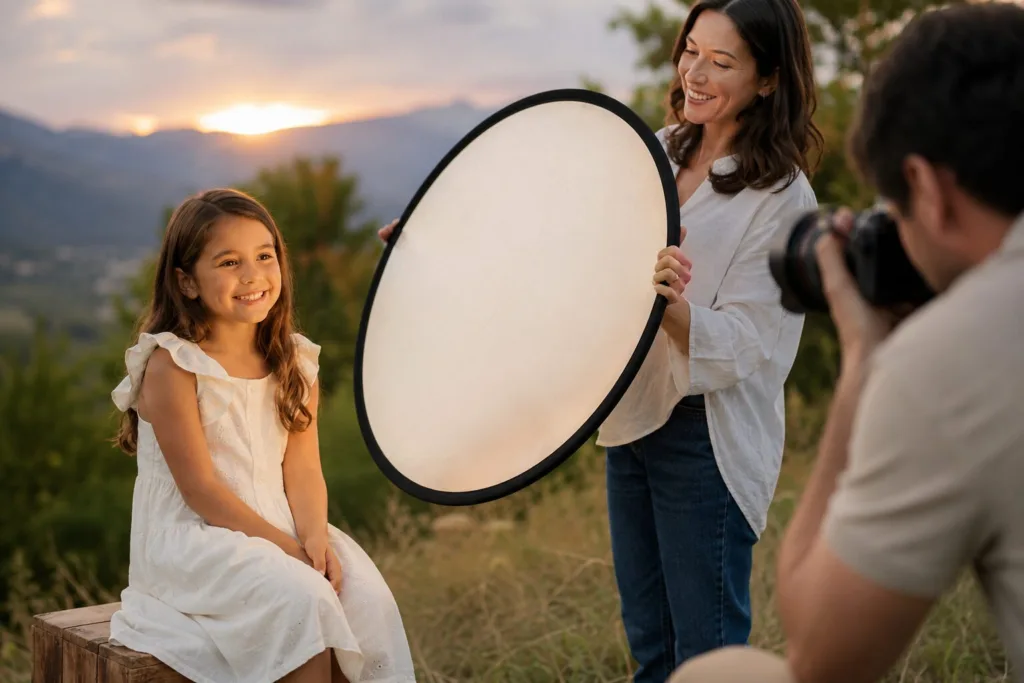 Reflektor Fotografie Anfänger bei Familienfoto im warmen Abendlicht